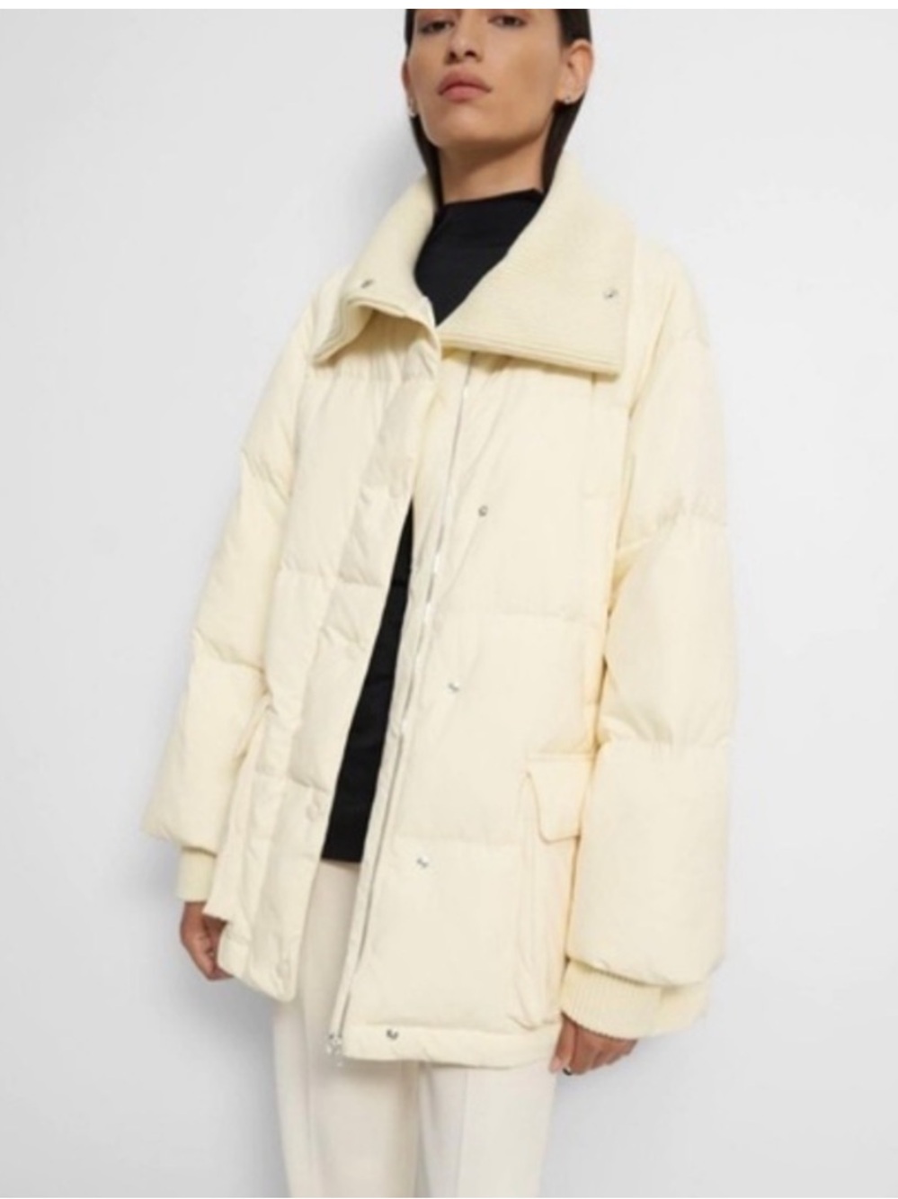 Theory Knit Collar Down Puffer Jacket Vanilla Ivory XS $695